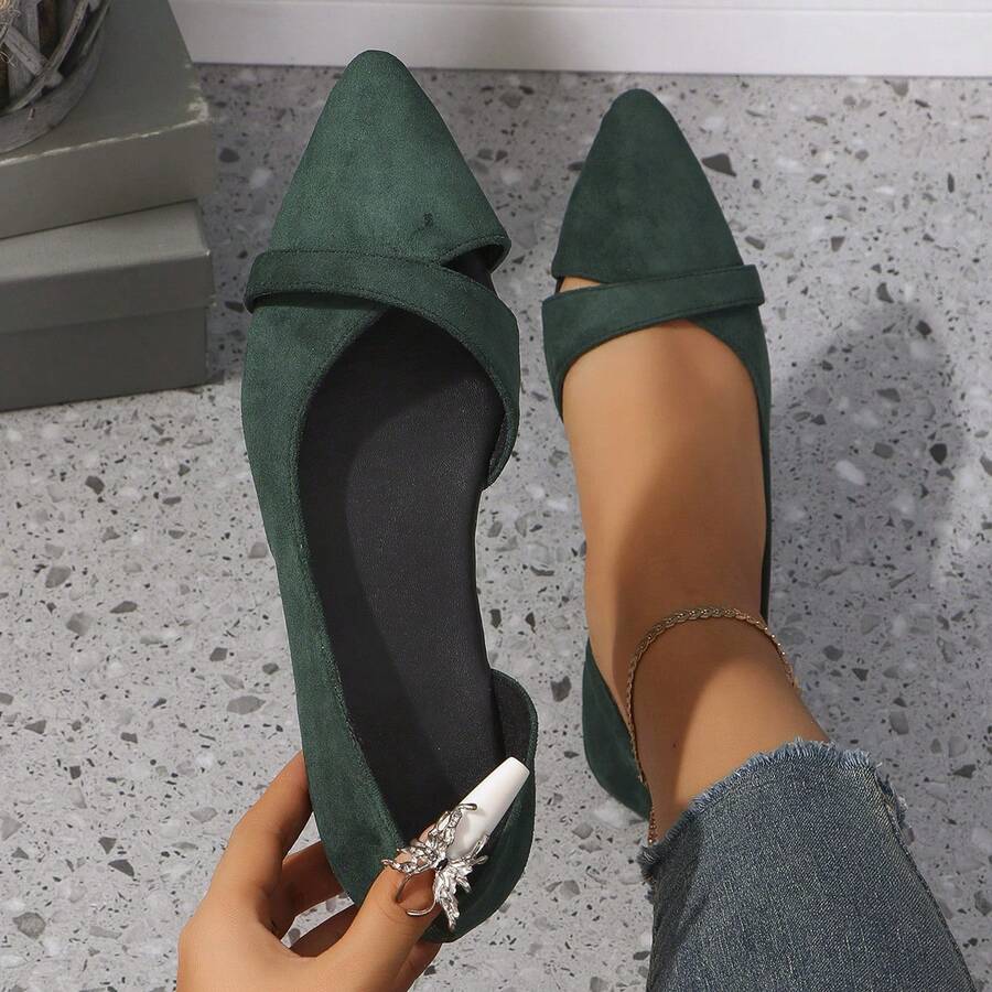 女士绿色尖头半跟系带鞋，低帮平底鞋，适合春秋季 - 墨綠色 - 查看 1