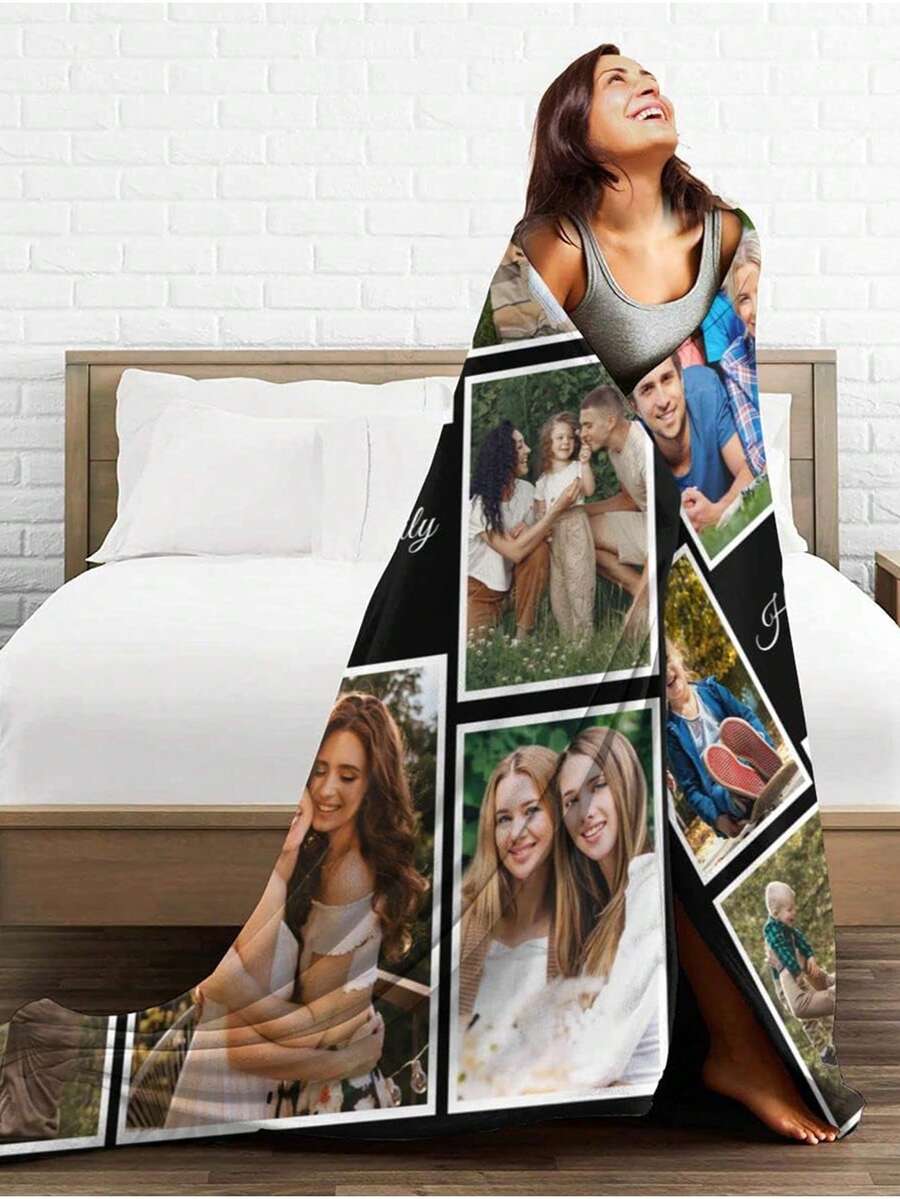 1pc Custom Photo Blanket For Bed, Personalized Blanket With Photo And