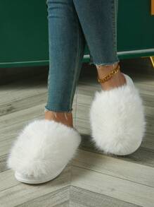女士简约时尚毛绒感柔软厚底秋冬居家室内外情侣款家居毛毛拖鞋 - 白色 - 查看 5