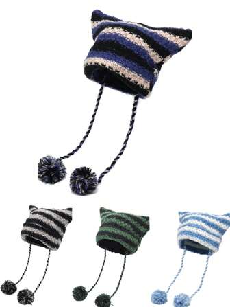 1 件装可爱黑白条纹猫耳针织帽女士秋冬 Y2K 带绒球针织帽万圣节