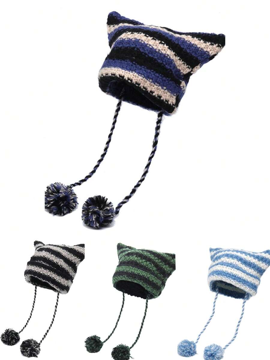 1 件装可爱黑白条纹猫耳针织帽女士秋冬 Y2K 带绒球针织帽万圣节 - 彩色 - 查看 1