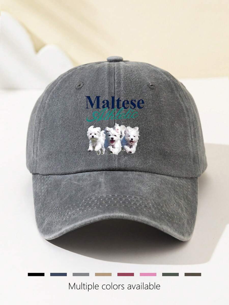 1入女士時尚柔軟帽邊棒球帽，印有馬爾濟斯狗圖案，可調節頭圍，防曬，透氣，適合戶外活動，露營，旅遊和假期，是理想的假日禮物 - A - 查看 1