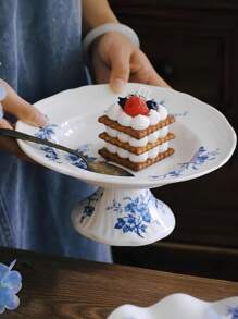 1pc Hand-Painted Flower Pattern Ceramic High Leg Tray, French Vintage Flower Jewelry Tray With High Aesthetic Value, Suitable For Restaurant, Living Room And Bedroom Use As Dessert Plate And Exquisite Cake Display Stand - Blue - View 11