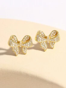 1 Cặp bông tai nơ Cubic Zirconia khảm đồng Valentine - Vàng - Xem 7