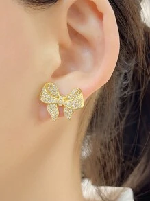 1 Cặp bông tai nơ Cubic Zirconia khảm đồng Valentine - Vàng - Xem 5