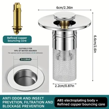 1 pieza Filtro de desagüe del fregadero de baño de acero inoxidable, tapón con núcleo emergente antiolor y filtro, accesorios de baño esenciales para el hogar, adecuado para poros de 2,5-4cm/1,0-1,6 pulgadas - Multicolor - Ver 3