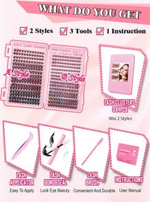 Kit de extensión de pestañas DIY con 384 piezas de racimos de pestañas individuales D Curl de 10-16 mm mezclados para una apariencia natural, sutil, densa y duradera, para uso de bricolaje en casa o en movimiento para la vida diaria, fiestas y festivales de música. Incluye pegamento, sellador y pinzas para principiantes.