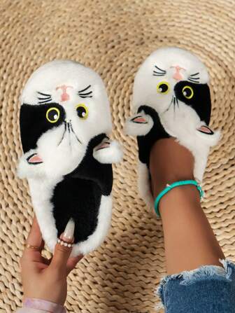 Winter Women's Cute Cat Pattern Soft Indoor Anti-Slip Warm Plush Slippers For Home Comfort