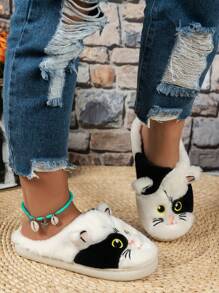 冬季女款可愛貓紋軟底室內防滑保暖毛絨拖鞋，舒適度滿分 - 黑色 - 查看 5