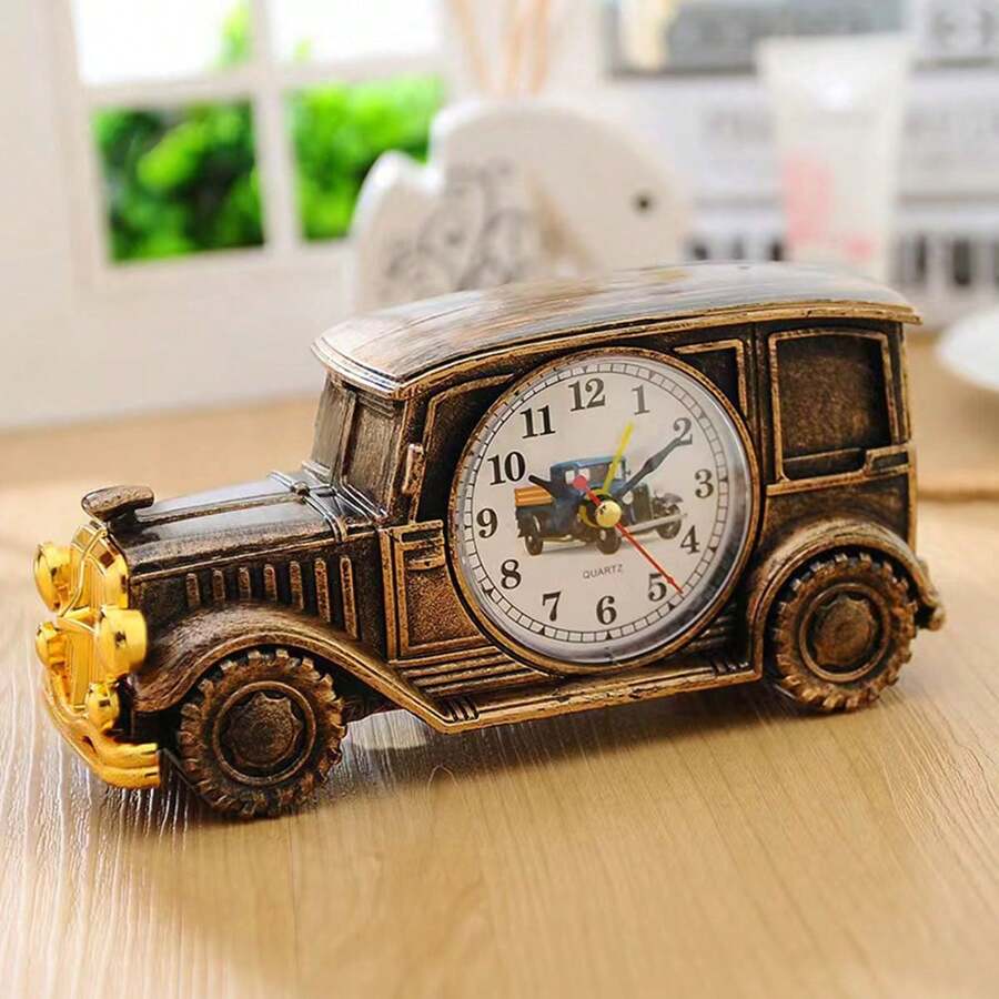 1pc Vintage Car Alarm Clock Plastic Desk Clock With Digital & Pointer Display - Bronze - View 1