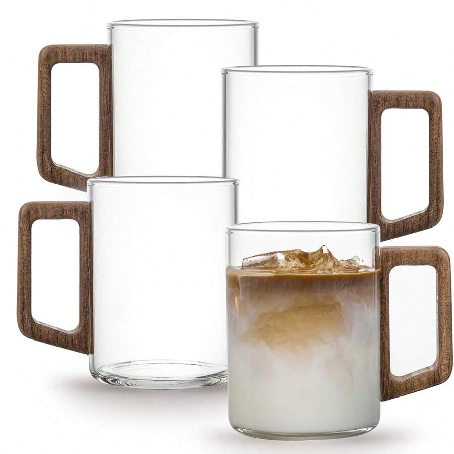 1-4个带木柄玻璃杯 - 咖啡杯。透明杯子，适合茶、拿铁、浓缩咖啡和果汁 - 带手柄的透明水杯 - 茶专用饮水杯 返校
