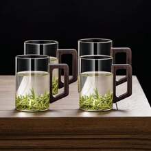 1-4个带木柄玻璃杯 - 咖啡杯。透明杯子，适合茶、拿铁、浓缩咖啡和果汁 - 带手柄的透明水杯 - 茶专用饮水杯 返校
