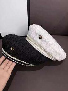 1 件女式新款时尚仿珍珠和水钻装饰设计法式贝雷帽，金属字母标志，百搭画家帽冬季秋季 - 彩色 - 查看 2