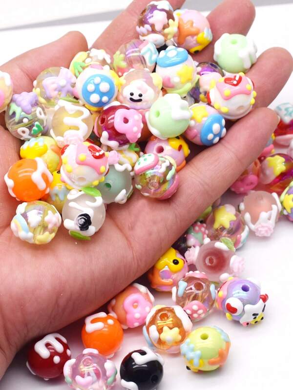 10pcs/Bag 16mm Fashion Hand Drawn Cartoon Painting Acrylic Beads Loose Beaded DIY Handmade DIY Bracelets Keychains Mobile Phone Chains