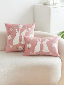1 pièce Housse de coussin décoratif en tissu polaire avec broderie de lapin et fleurs, convient pour le salon, la chambre, les fêtes, la décoration de la maison - Beige - Voir 14