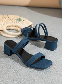 优雅蓝色高跟鞋，脚背细带，牛仔效果，方头，露趾，低粗跟，踝带凉鞋 - 藏蓝色 - 查看 3