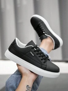 Men's Minimalist Style Black Detail Lace-Up Casual Sneakers, Comfortable Outdoor Sports Trainers