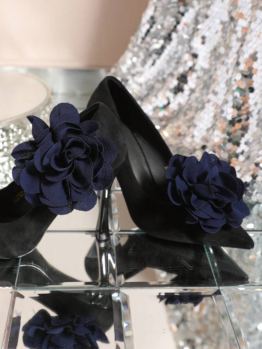 2pcs Blue Shoe Clips With Mesh Flowers And Bows, Removable Shoe Buckles For High Heels And Sneakers, Multi-Functional DIY Fashion Accessories For Weddings And Parties - Blue - View 1