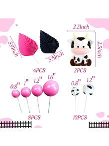 24 件粉色奶牛蛋糕装饰，生日奶牛蛋糕装饰，配粉色和白色泡沫球蛋糕装饰，可爱的微型奶牛雕像，粉色黑色棕榈叶纸扇，农场动物蛋糕装饰，适用于洗礼派对、生日派对、奶牛主题装饰、圣诞节 - 乳牛粉紅色 - 查看 9