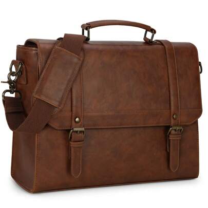 Messenger Bag For Men 15.6 Inch Vintage Leather Waterproof Laptop Briefcase Large Computer Laptop Bag Leather Satchel Bag Retro Shoulder Bag For Office Business Travel College