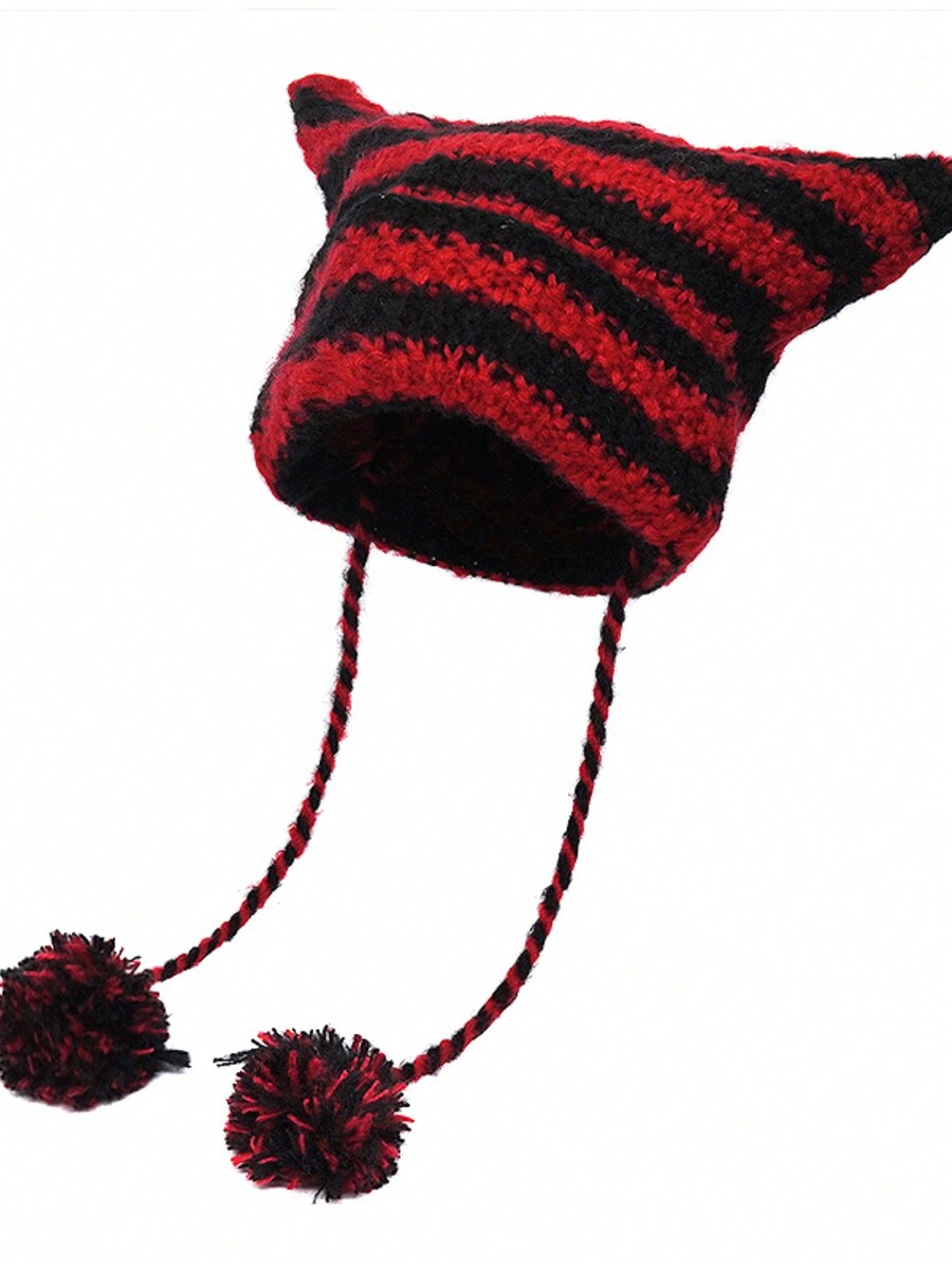 1pc Cute Black & White Striped Cat Ear Knitted Hat For Women, Autumn