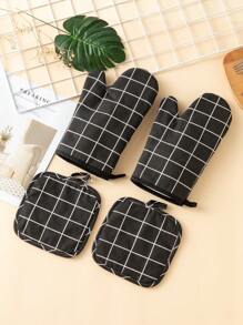 4PCS Heat Resistant Kitchen Baking Oven Gloves For Home, Microwave, BBQ With Hot Pads And Cooking Mitts - Black - View 1
