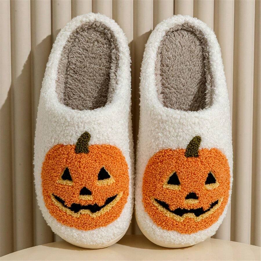 Women's Halloween Classic Pumpkin Open Toe Slippers, Casual Winter Halloween Ghost Face Slippers