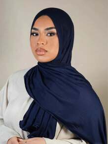 1pc Women Solid Jersey Hijab Modal Soft Headscarf With Frill Trimmed Decor Scarves For Women, Suitable For Daily Use In Arab Style For Abaya Veiled Clothes - Navy Blue - View 2