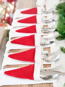 10 piezas Decoraciones Navideñas, Gorros Navideños, Gorros de Tela No Tejida, Set de Cubiertos con Gorro Navideño, Decoración de Botella de Vino Navideña, Navidad