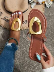 Women's Round Gold Decor Hollow Toe Flat Sandals, Lightweight & Fashionable Flat Sandals With Vacation Vibe For Summer - Brown - View 2