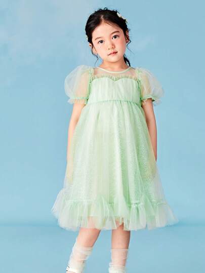 mini bala Vestido de línea A para bebés niñas con mangas de burbujas de red ondeando y vestido de princesa de cintura alta en verano