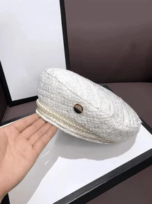 1 件女式新款时尚仿珍珠和水钻装饰设计法式贝雷帽，金属字母标志，百搭画家帽冬季秋季 - 彩色 - 查看 4