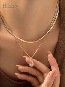 Hihho 2pcs Water Drop Micro-Inlaid Cubic Zirconia Pendant Double Layered Delicate Necklace Women's Daily Accessory, Gift
