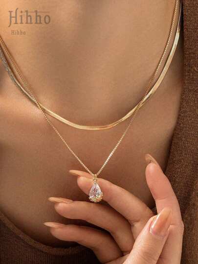 Hihho Conjunto de 2 piezas, collar delicado de doble capa con colgante de micro-circonia que simula gotas de agua, accesorio diario para mujer, regalo