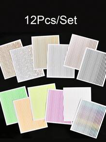 12種幻想條紋激光線設計指甲貼紙-自粘，指甲條紋紙金屬線法國美甲貼紙自粘全息箔設計金色貼紙指甲藝術專用