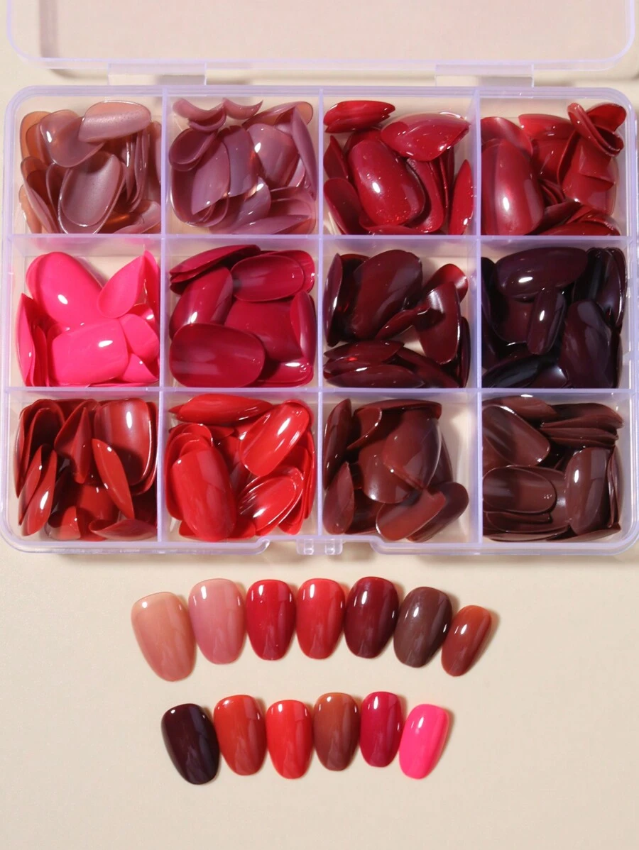 288 Peças (12 Cores Mistas) Unhas Postiças Curtas Ovais em Cores Nude, Marrom e Vermelho, Pontas de Acrílico Falsas de Cobertura Total, Unhas Postiças para Uso Diário e em Festas, com Caixa de Armazenamento, Suprimentos de Unhas Adequados para Mulheres e Meninas