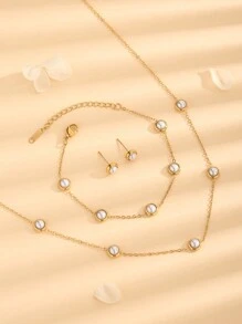 4pcs Vintage Style Elegant Round Turquoise Decor Stainless Steel Necklace, Beaded Bracelet, Pendant Necklace, Earrings 18K Gold Plated Fashion Jewelry Set, Suitable For Daily Wear - Jewelry Set - View 14