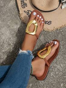 Women's Round Gold Decor Hollow Toe Flat Sandals, Lightweight & Fashionable Flat Sandals With Vacation Vibe For Summer - Brown - View 4