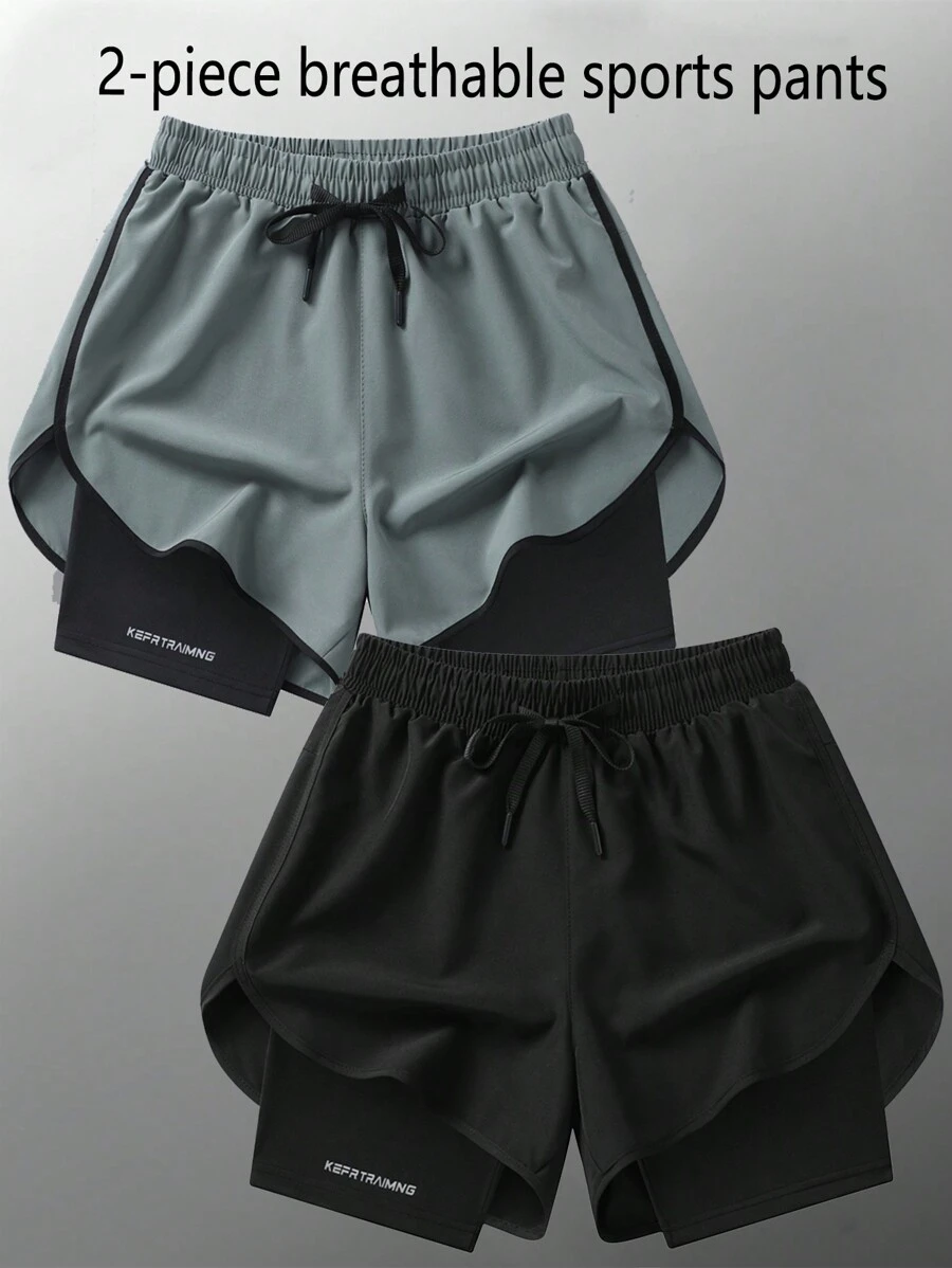 2 件女式夏季运动健身短裤 - 内置防光跑步短裤 - 适合瑜伽、骑行、训练、健身和跑步女式平角短裤 - 灰色 - 查看 1