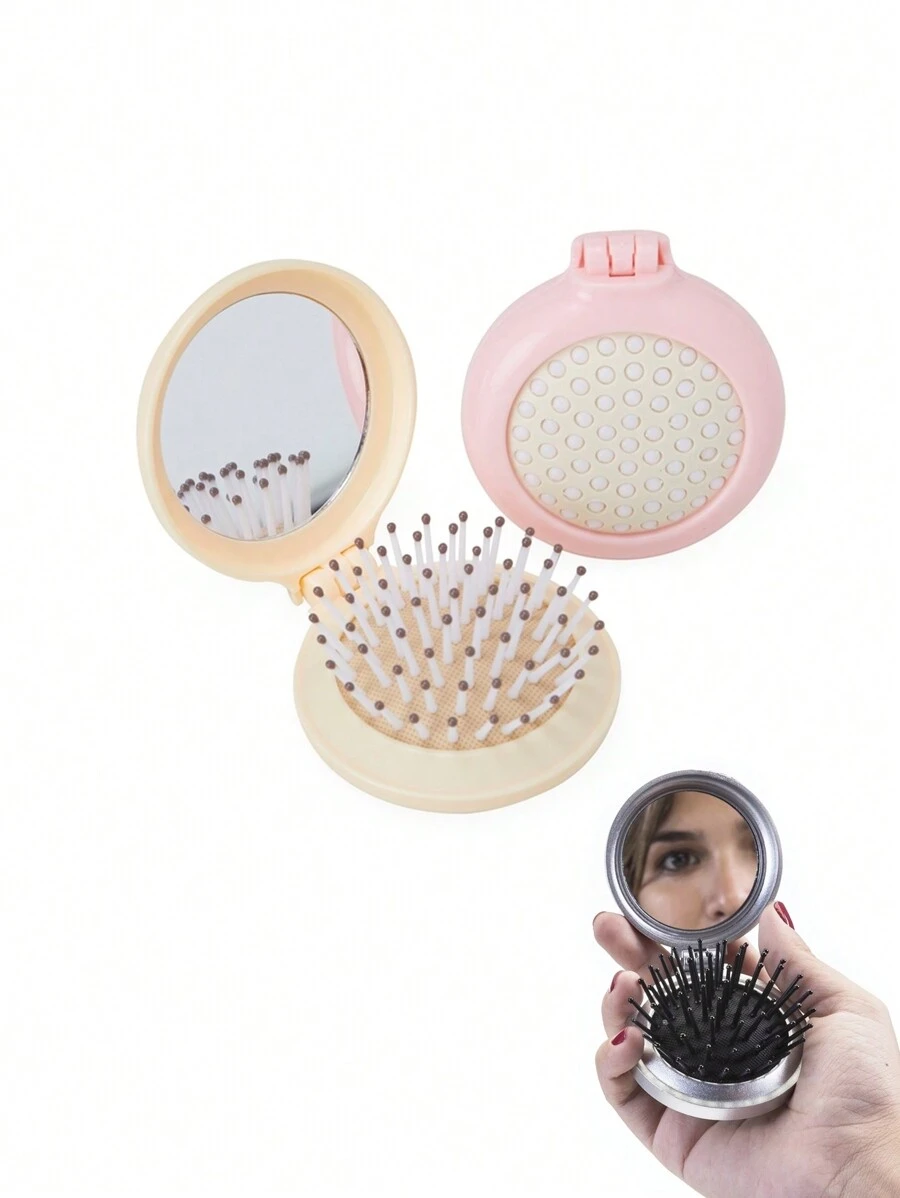 Soft Foldable Mirror Purse Brush - Baby Pink - View 1