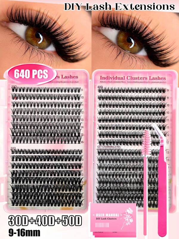 640PCS Individual Lash Clusters Large Capicity 30D+40D+50D D Curl 9-16mm Mixed DIY Lash Clusters Natural Look&Extra Thick&Wispy&Mega Volume Reusable DIY Eyelash Extension Kit With Makeup Tool Tweezers&Brushes For Beginner Use At Home Or On-The-Go For Daily Life&Dating&Wedding&Party&Music Festival&Halloween