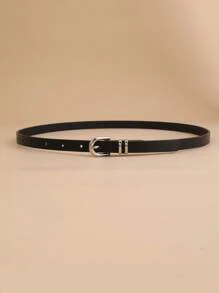 Cinturón de mujer con hebilla en forma de U plateada, simple y de moda, para combinar con todo, para verano, escuela, otoño, Halloween - Negro - Ver 3