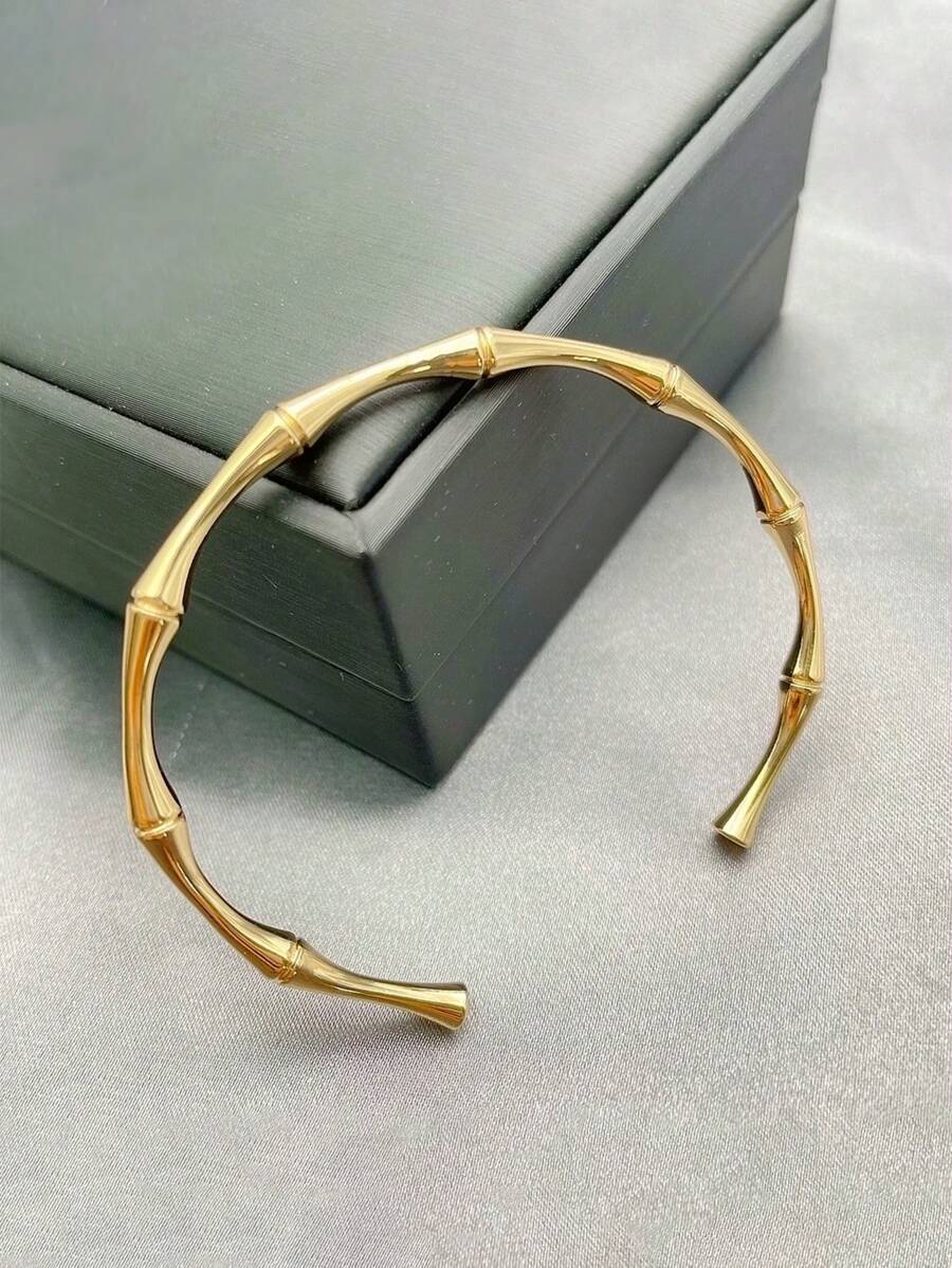 1入個性化、通用、高品質不褪色開口手鐲，竹結不鏽鋼手鐲適用於女士 - 金黃色 - 查看 1