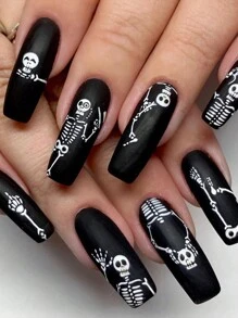 24 piezas de uñas largas de ataúd, diseño de esqueleto en mate, adecuadas para la decoración de uñas de Halloween de mujeres - Blanco y Negro - Ver 7