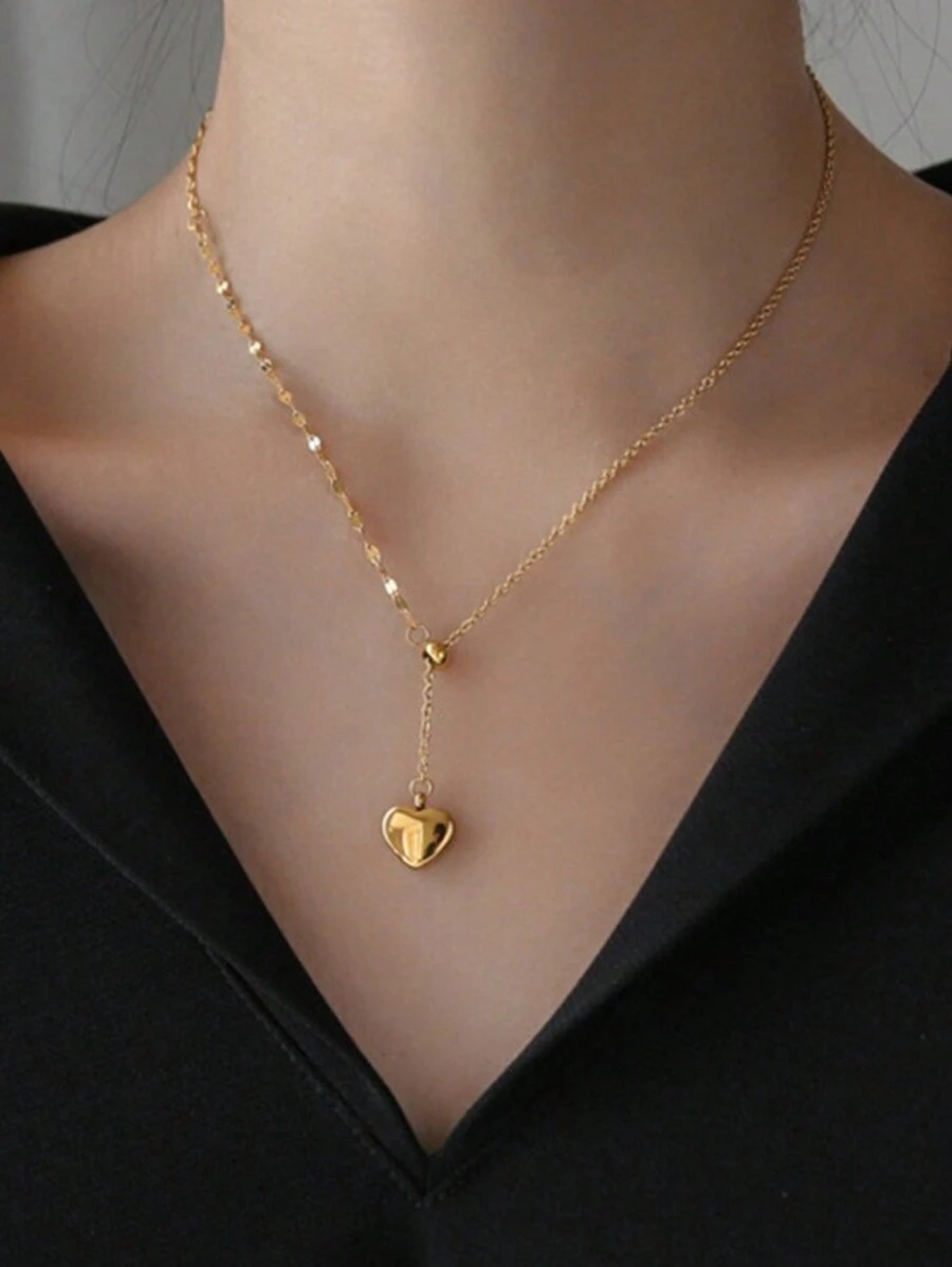 Minimalista collar de clavícula con candado en forma de corazón en 3D, collar asimétrico de color frío empalmado con cordón ajustable - Dorado - Ver 1