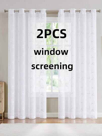 2pcs White Embroidered Sheer Curtains - Floral Pattern, Elegant Embroidery Design For Living Room And Bedroom Decor, With Grommet Rings