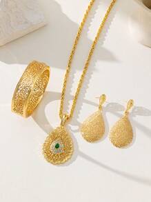 Herseygold Set de joyas nupcial de lujo dorado chapado en oro de 3 piezas con aretes, collar y brazalete, estilo con patrón de arabesco para mujeres