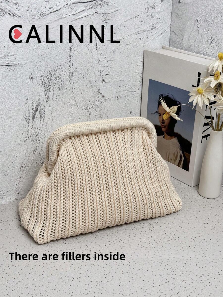 CALINNL Ví cầm tay móc thủ công cho nữ, Túi đựng đồ trang điểm thiết kế sọc hình học để mua sắm, du lịch, sử dụng hàng ngày - Màu be - Xem 1