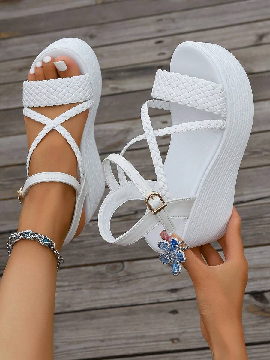Women's White Fashionable Crossed Elastic Band Comfortable Wedge Sandals,Spring Summer Outfits