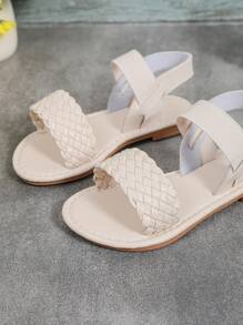 1pair Cream-Colored Roman Style Sandals For Infant And Toddler Girls, Knitted Back Strap, Wide Elastic Band, Round Toe, Flat Peep-Toe, Comfortable And Cute Beach Sandals Suitable For 3-12 Years Old Girls, Vacation, Casual, Outdoor, Party, Summer, Beach - Beige - View 8